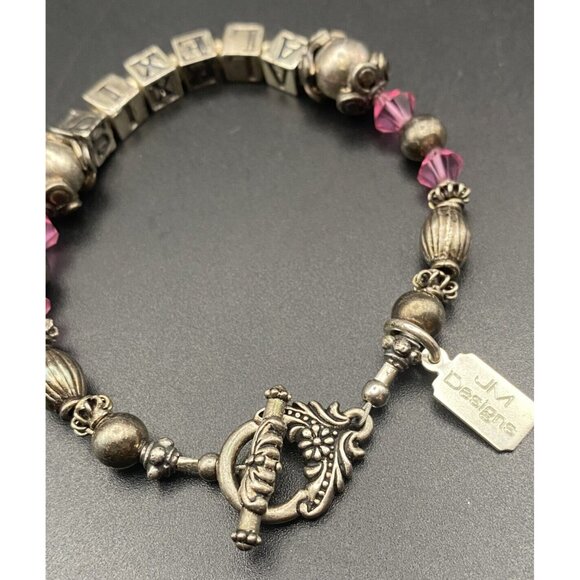 Sterling Silver "Alexis" Bracelet Beaded Charm Pink Crystal Toggle 7" JM Designs - Picture 4 of 8